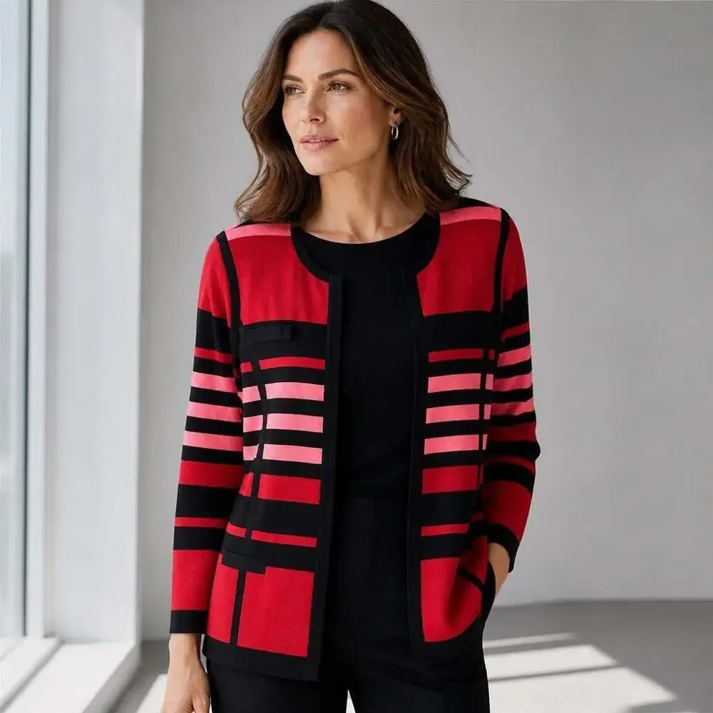 Misook Women's Red Black Striped Knit Open Front Jacket Cardigan Size M